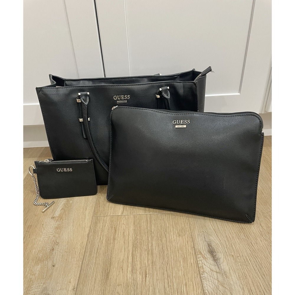 GUESS Rylan Tech Tote 3 Pc Set Black Silver Laptop Sleeve Pouch Bag LZ745723 EUC